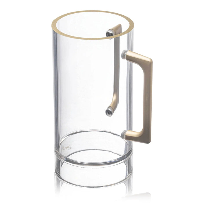 Clear glass Pop-Drain Washing Cup with taupe handles by Waterdale Collection, featuring a sleek cylindrical design and drainage spout for ritual hand washing.