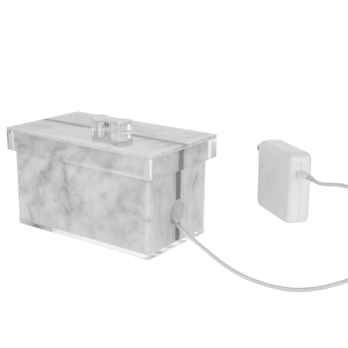 Waterdale Collection marble present box with white cord and matching power adapter on white background