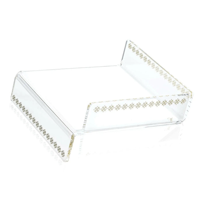 Waterdale Collection raised inspired napkin holder in clear acrylic with decorative beaded trim detail, displayed at an angle showing the open rectangular design.