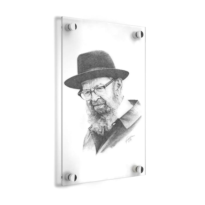 Rav Avigdor Miller sketch portrait in black and white, mounted on clear acrylic wall art display, 16x20 size.