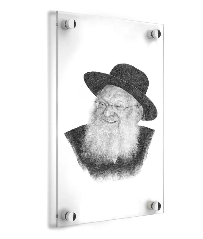 Rav Mattisyahu Solomon Gadol sketch portrait in black ink on white acrylic wall art, 16x20 size showing bearded rabbi wearing glasses and hat.