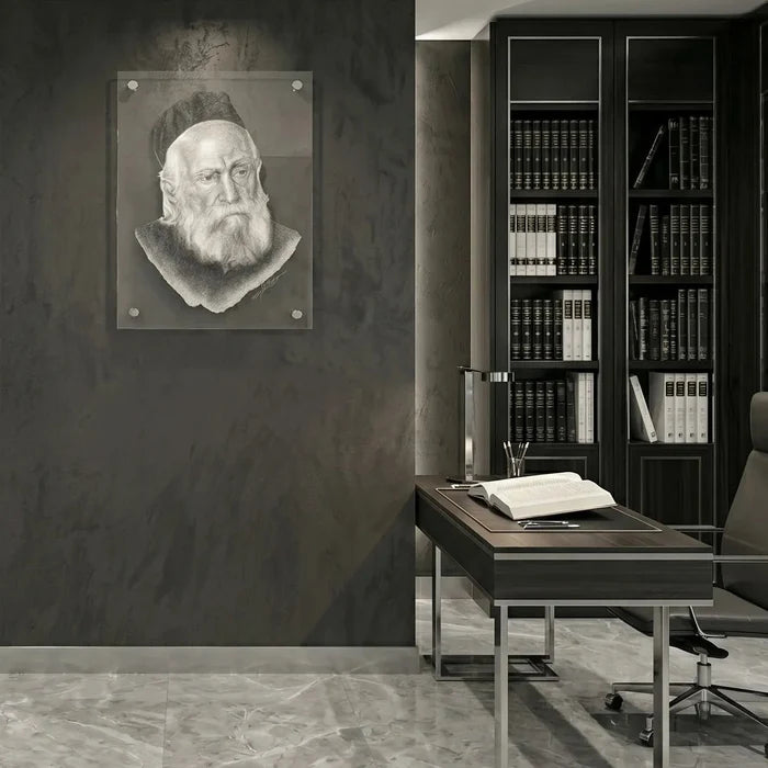 Rabbi Moshe Feinstein sketch artwork on acrylic, elegant Gedolim wall art for Jewish homes, offices, study rooms, and meaningful Judaica gifts.