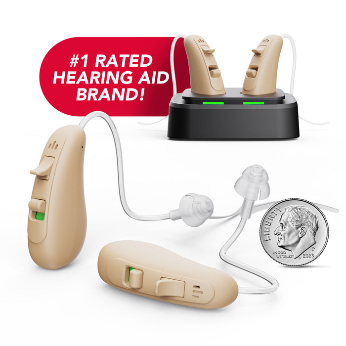 RCA 2-PK OTC Behind-the-Ear Hearing Aid with Rechargeable Stand, Beige