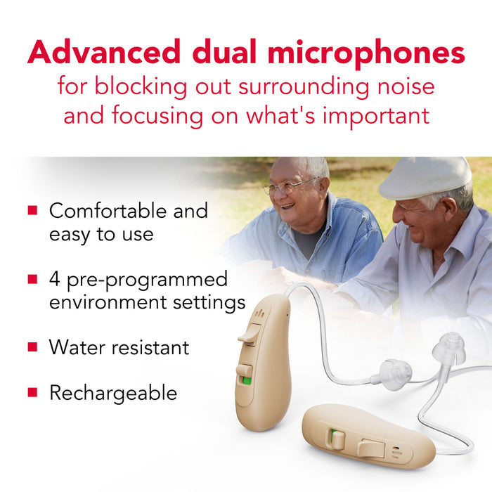 RCA 2-PK OTC Behind-the-Ear Hearing Aid with Rechargeable Stand, Beige