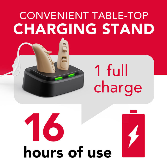 RCA 2-PK OTC Behind-the-Ear Hearing Aid with Rechargeable Stand, Beige