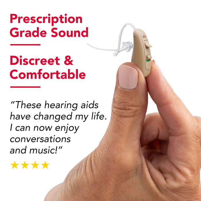 RCA 2-PK OTC Behind-the-Ear Hearing Aid with Rechargeable Stand, Beige