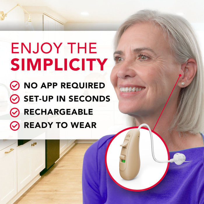 RCA 2-PK OTC Behind-the-Ear Hearing Aid with Rechargeable Stand, Beige