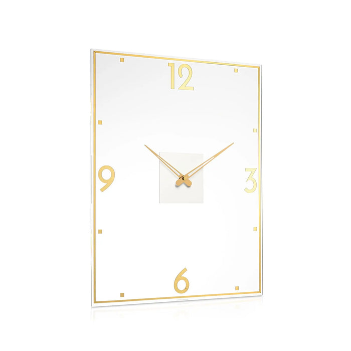Rectangular classic wall clock with gold numerals and hands on a white face with gold frame border.