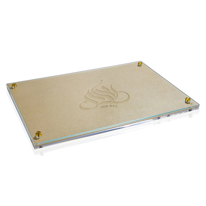 Regal Challah Board & Cover Set with gold metal corners on a light tan wooden board surface
