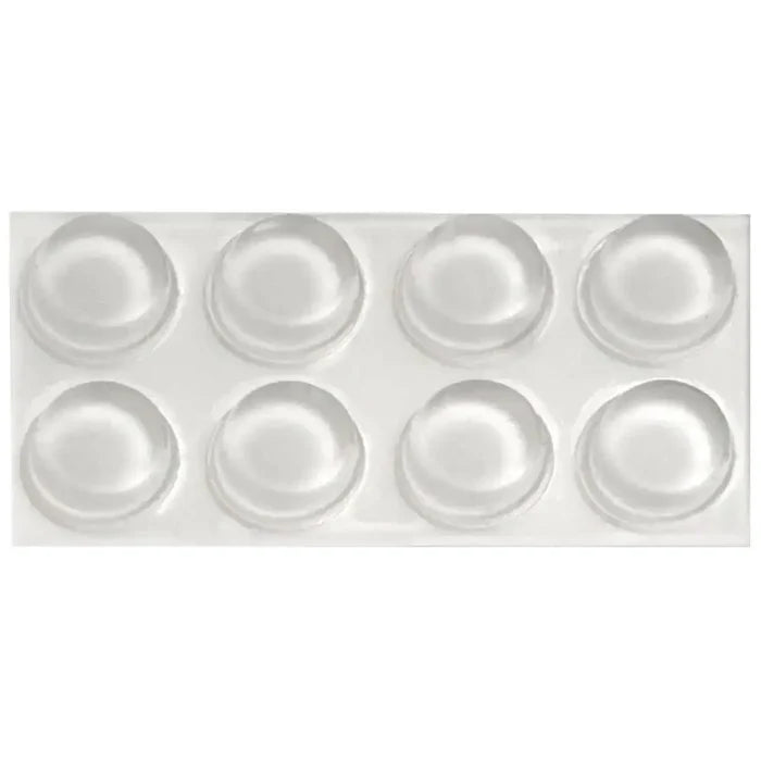 Eight clear rubber replacement feet arranged in two rows of four on a white backing card from Waterdale Collection hardware.