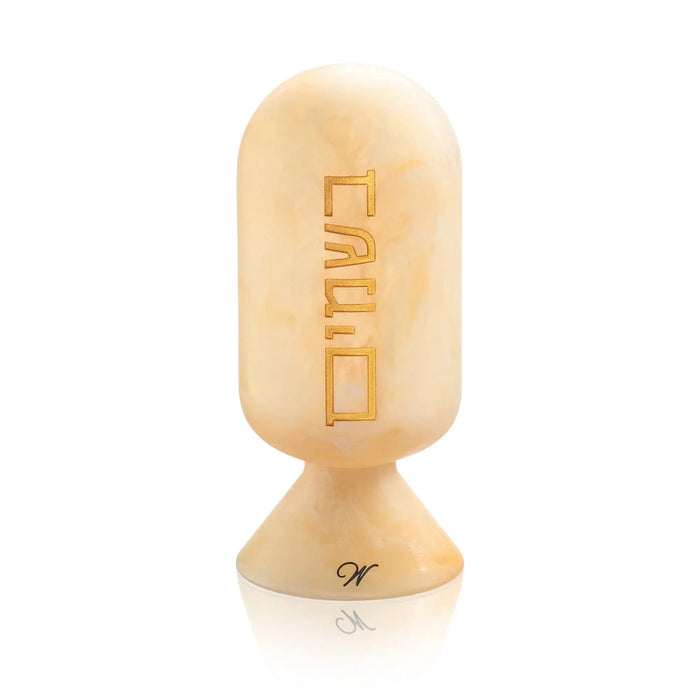 Wooden resin besamim cloche with natural finish and carved text detail, a traditional spice holder for Shabbat and Jewish ceremonies.