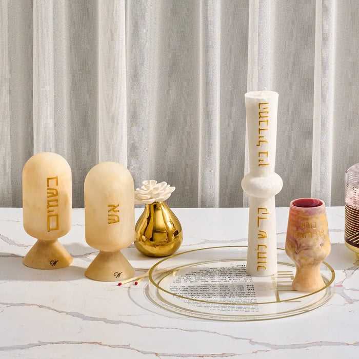 Wooden resin Besamim cloche with metal accents and spice ball, displayed with matching Shabbat judaica accessories on marble surface