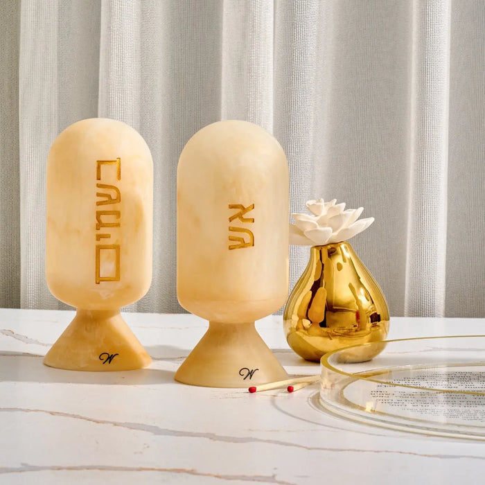 Wooden resin besamim cloche with gold metal base and spice container, ideal for Shabbat and Jewish home decor.