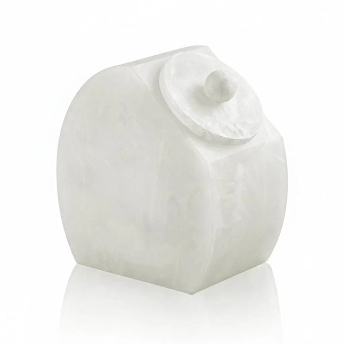 White translucent resin cake dome with matching lid and knob finial, elegant serveware for cookies and desserts.