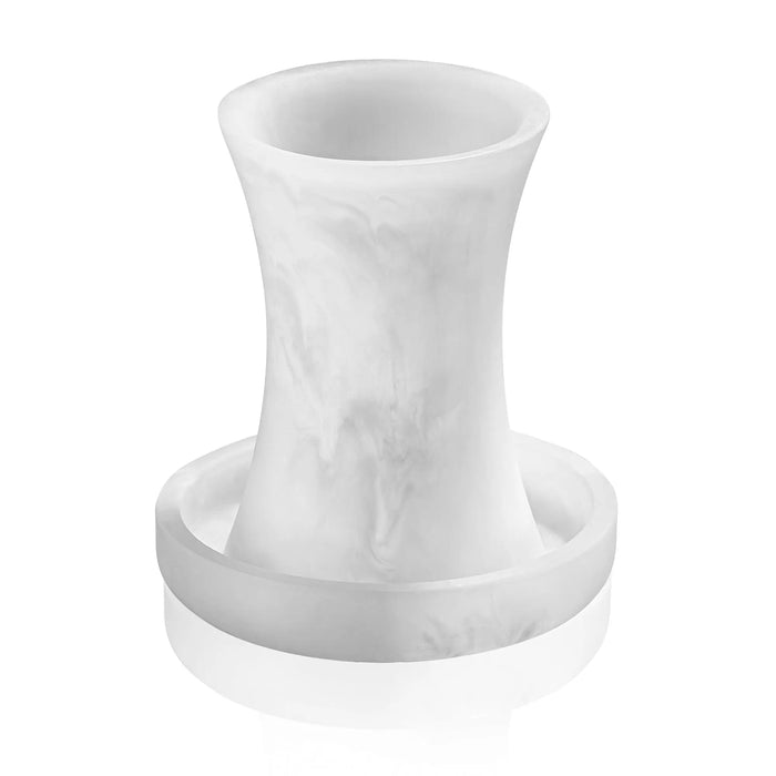 White marble resin Kiddush cup with elegant tapered design and wide base, perfect for Shabbat and Havdalah ceremonies.