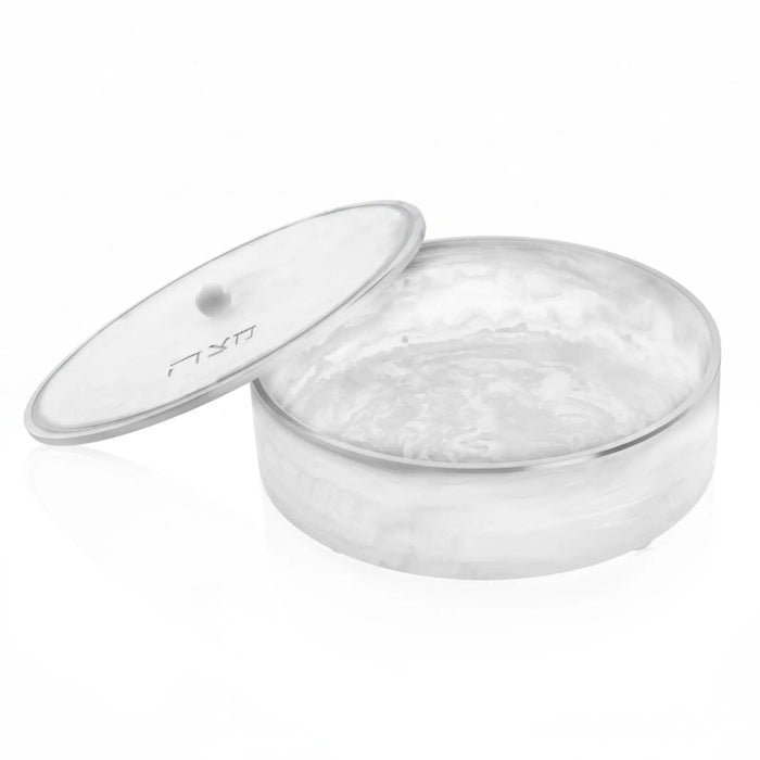 Clear resin matzah box with lid by Waterdale Collection, featuring a round shape and smooth finish for Passover table display.
