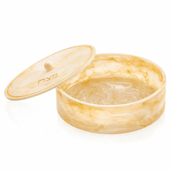 Amber-toned resin matzah box with lid, featuring a classic round design perfect for Pesach tableware and holiday entertaining.