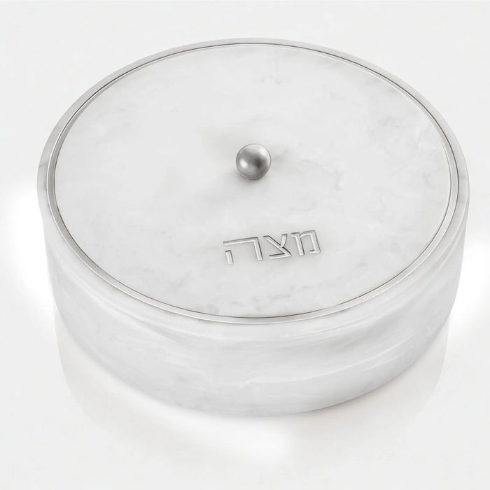 Clear resin matzah box with lid and ball finial by Waterdale Collection, classic design for Pesach table.