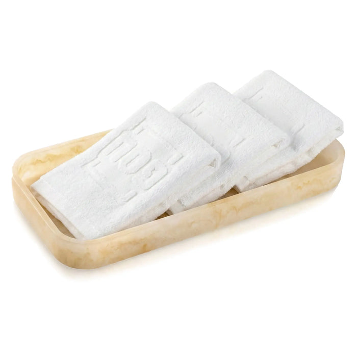 Resin Pesach towel tray set with white towels on wooden base, ideal for netilas yadayim hand washing during Passover