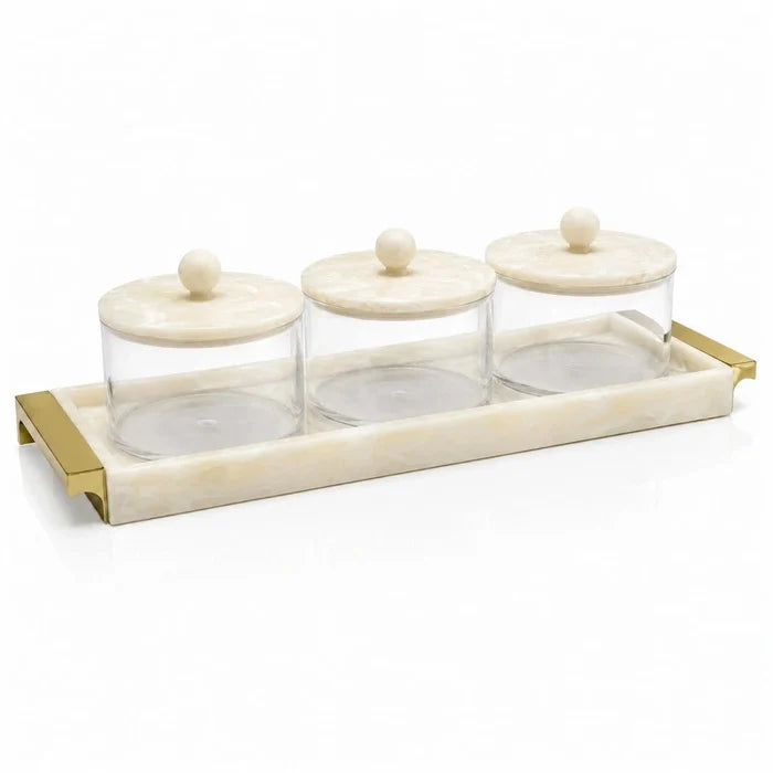 Gold Resin Rectangle Dip Bowl Set with Tray & Spoons | 3 dip bowls with 3 gold spoons and a resin tray holder