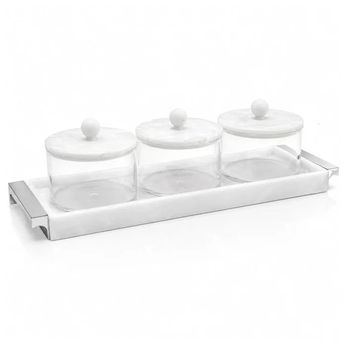 Silver Resin Rectangle Dip Bowl Set with Tray & Spoons | 3 dip bowls with 3 silver spoons and a resin tray holder