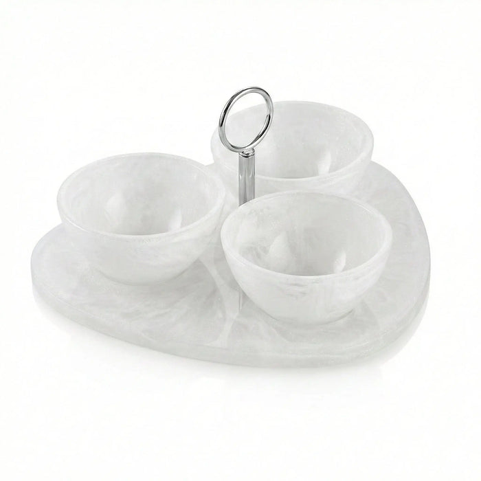 Clear resin round dip bowl set with three bowls on a matching oval tray and metal handle, ideal for serving appetizers and dips.