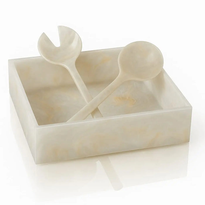 Cream and gold glitter resin salad servers with decorative handles in a matching storage box, elegant serveware for entertaining.