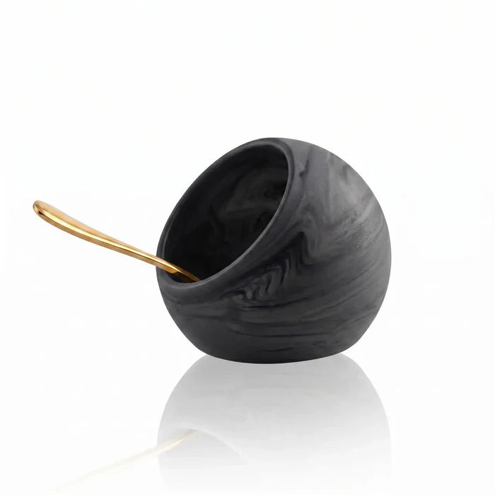 Black resin salt cellar with wooden spoon by Waterdale Collection, perfect for tabletop serving and entertaining.