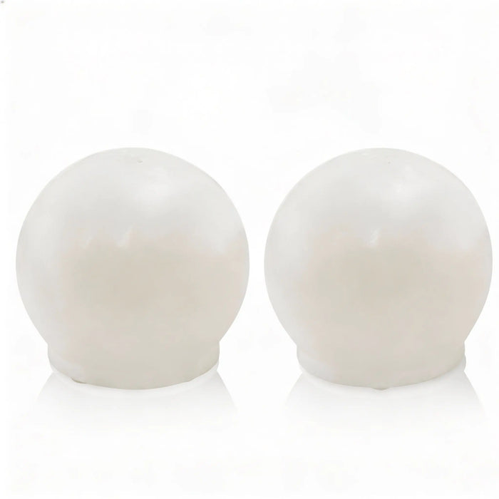 Pair of white resin salt shakers with rounded dome tops from Waterdale Collection's metallic pesach tabletop collection.