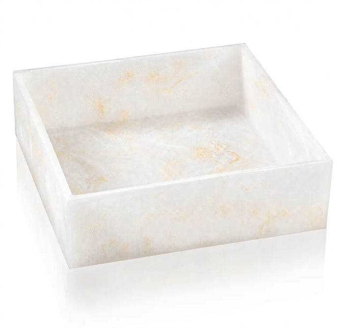 Cream resin square salad bowl with gold glitter accents by Waterdale Collection, perfect for entertaining and special occasions.