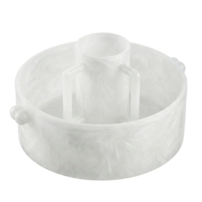 Translucent white resin washing bowl and cup set from Waterdale Collection, designed for Pesach use, shown from above displaying the nested cup inside the larger bowl.