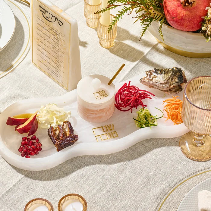 Marble resin Simanim tray, 17" long, engraved Shana Tova for Rosh Hashanah