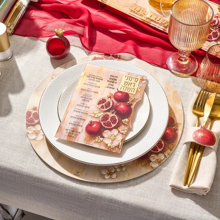 Leatherette charger painted with pomegranates and florals for Rosh Hashana