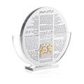 Round Bencher Set by Waterdale Collection displayed in clear acrylic stand, showing Hebrew text pages for Shabbat and holiday table use.