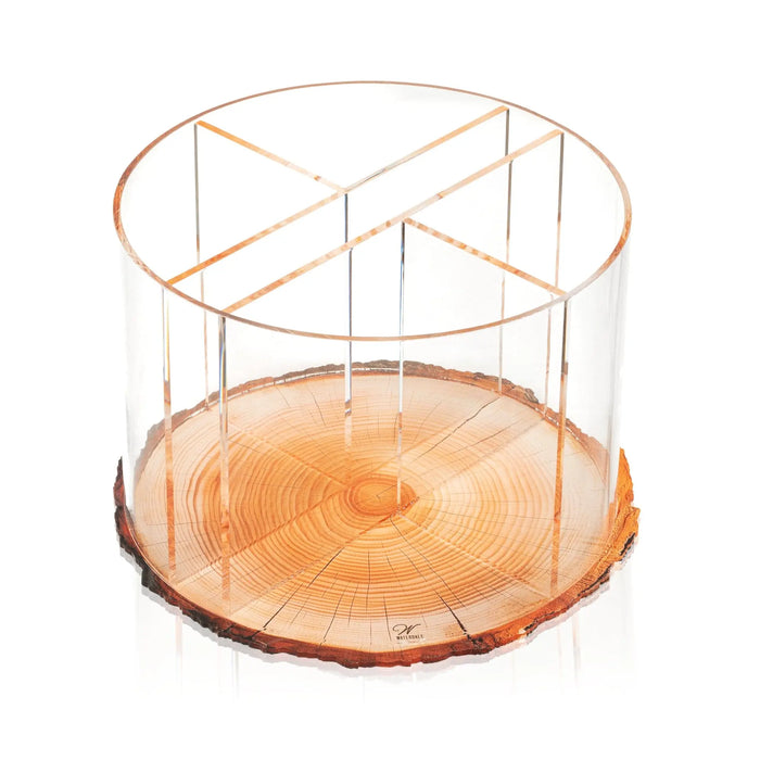 Round wood swivel silverware caddy with copper wire dividers and natural wood base, perfect for organizing utensils.