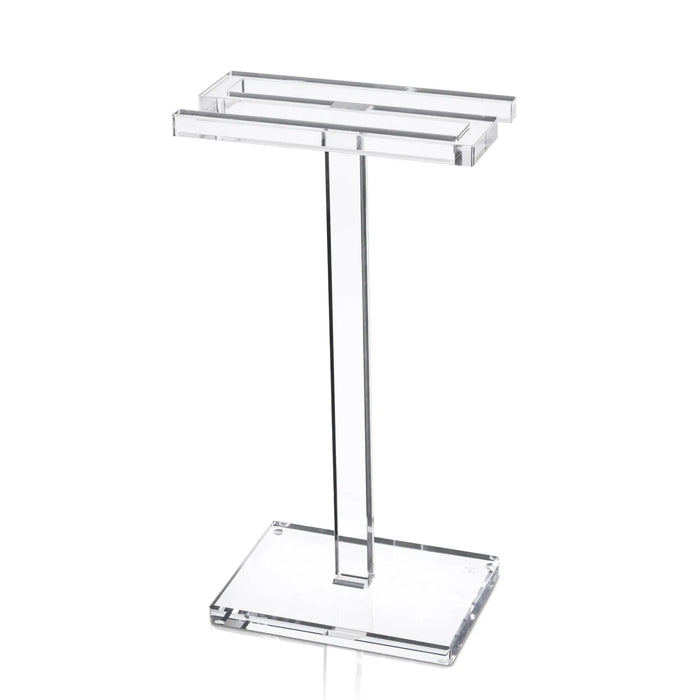 Clear acrylic S-shaped finger towel stand by Waterdale Collection, featuring a tall narrow design with rectangular top and base platforms for bathroom or vanity display.