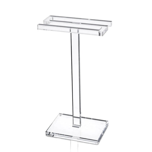 Clear acrylic S-shaped finger towel stand by Waterdale Collection, featuring a tall narrow design with rectangular top and base platforms for bathroom or vanity display.