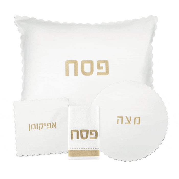 White leather Scalloped Edge Pesach Set by Waterdale Collection, featuring matching plate, bowl, and napkin with gold Hebrew text