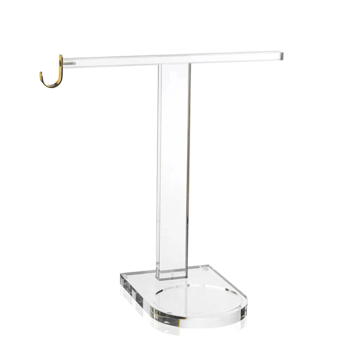 Clear acrylic towel and cup stand with ring holder from Waterdale Collection, featuring a sturdy base and vertical pole for bathroom or vanity organization.