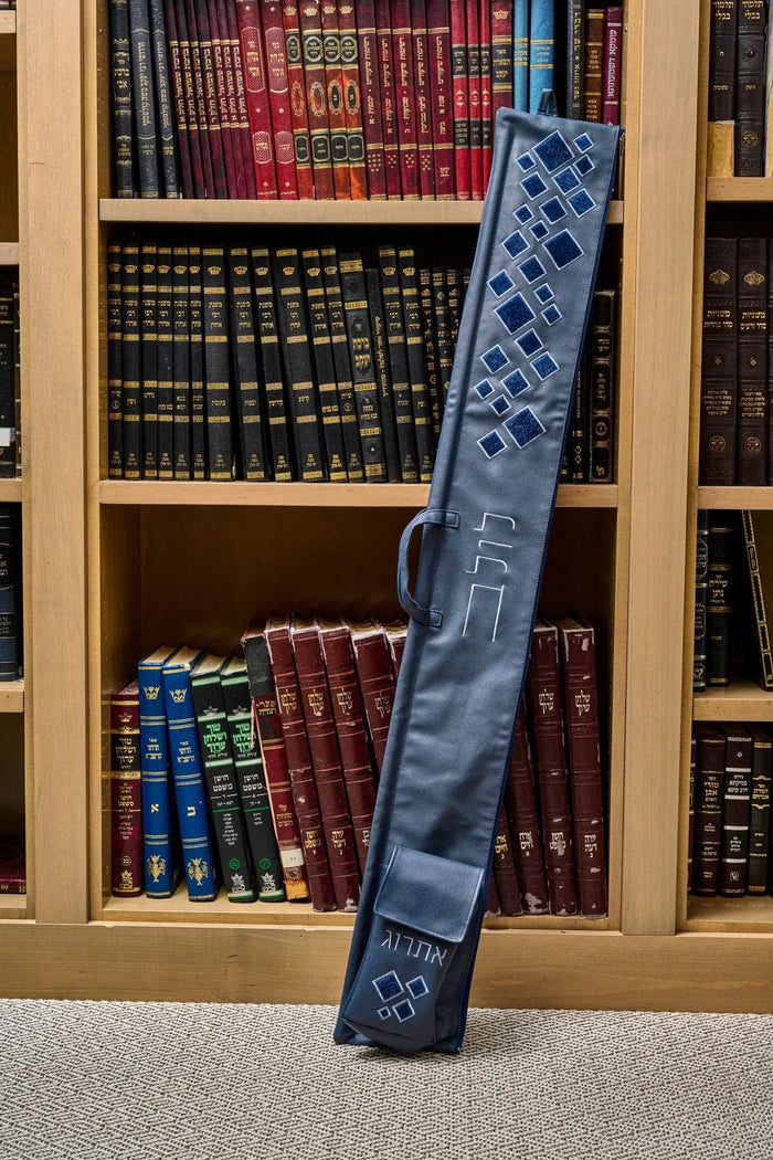 Scattered fur lulav case standing upright, navy scattered fur detail, for Sukkot (סוכות)