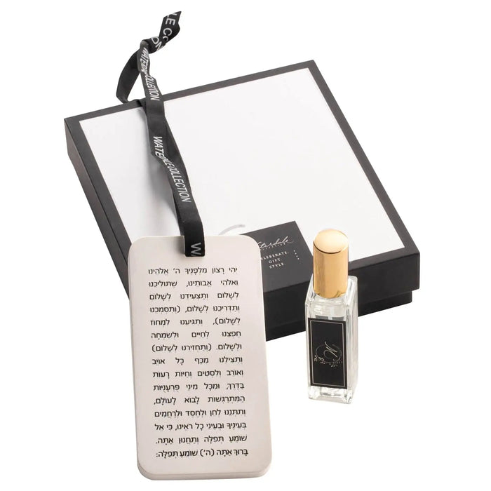Scented stone Tefillas Haderech diffuser with prayer card and wooden accent on black base tray