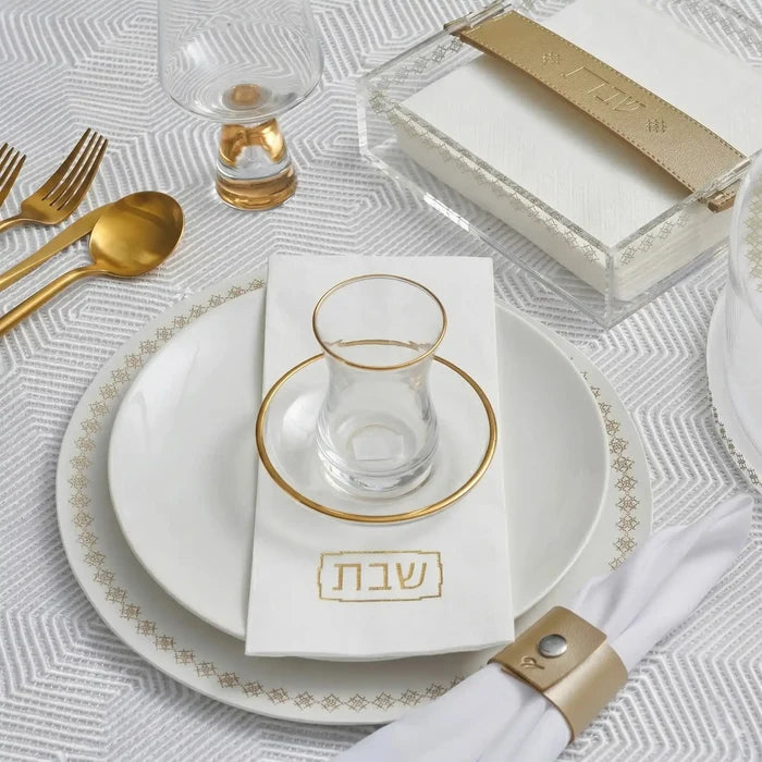 Shabbos guest towelettes at a set place setting, 20 disposable hand towels per package