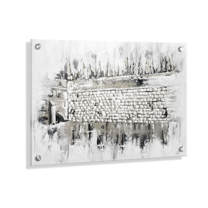 Silver Kosel at Winter painting featuring a detailed sketch of Jerusalem's Western Wall with winter atmosphere and architectural detail, framed wall art.