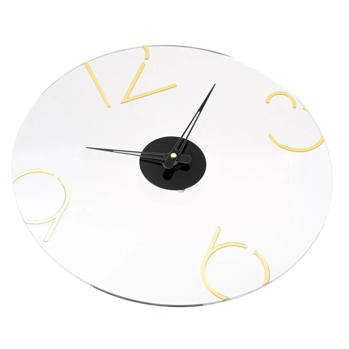 Gold Number Clock with black hands on white face and metal gold-outlined numerals, modern wall art design
