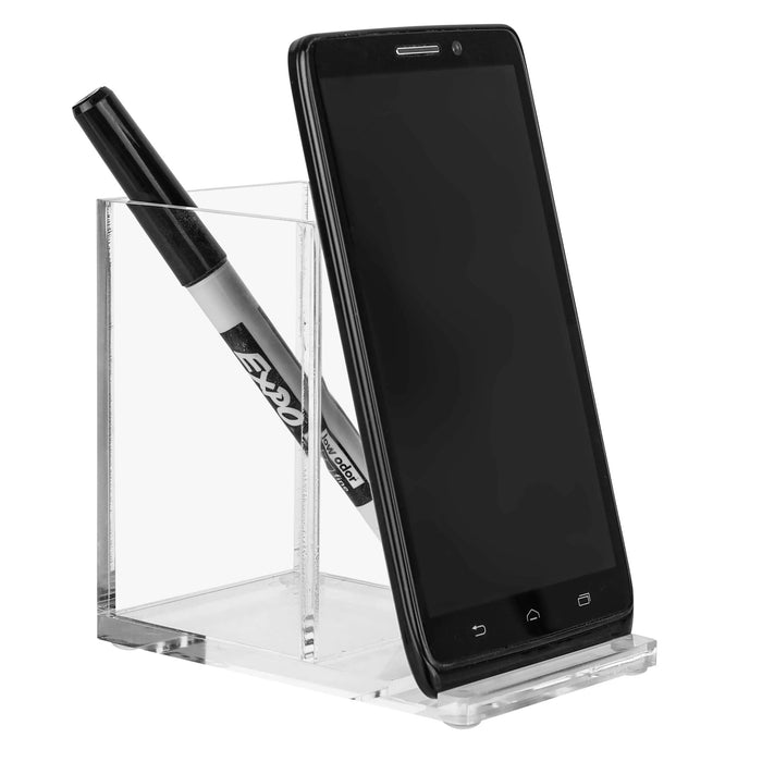 Clear acrylic pen and phone holder with black marker, displaying black smartphone upright on tabletop desk organizer.