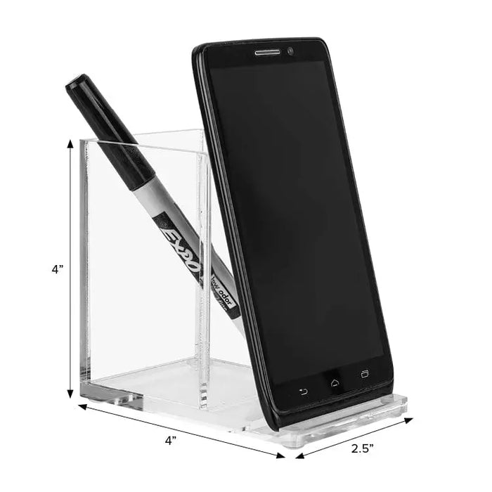 Clear acrylic single pen and phone holder displays a black pen and smartphone on a minimalist tabletop stand from Waterdale Collection.