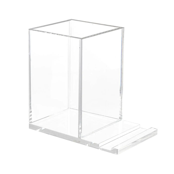 Clear acrylic single Shabbos candle holder by Waterdale Collection, rectangular design with open top for candle-lighting on white base.