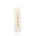 White Havdalah candle with gold text from Waterdale Collection, tall and slender for Jewish Shabbat ceremony