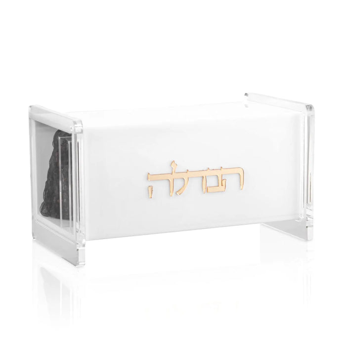 White acrylic havdalah set with gold Hebrew text, featuring a compact rectangular design perfect for Shabbat ceremonies and Jewish gifting.