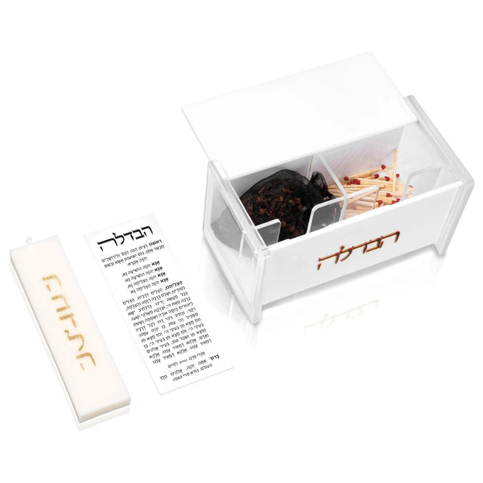 Small Havdalah Set by Waterdale Collection with white box, instruction card, and black ceremonial items for Shabbat traditions.
